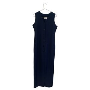 Vintage midi sheath dress navy blue buttons down the front v neck